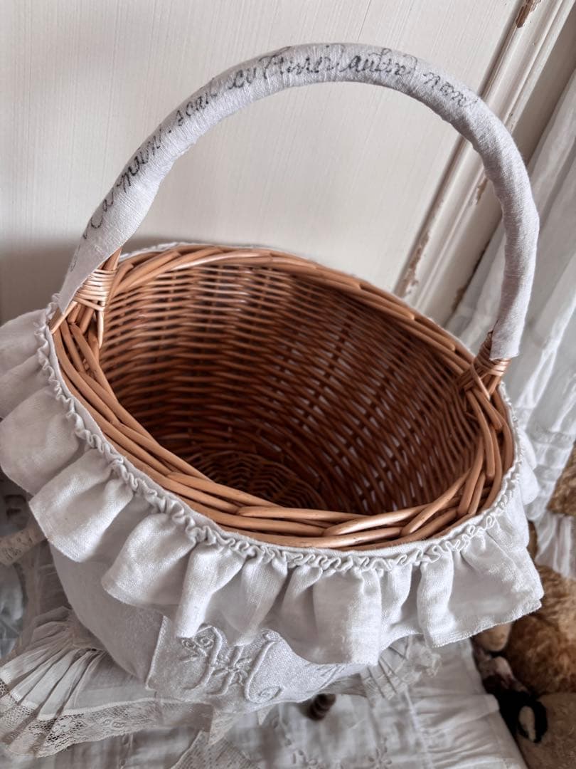 フレンチレース　パニエバスケット　モノグラム　フランスアンティーク　カバー