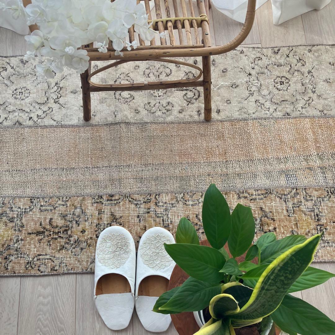 パッチワーク✳︎ 67×139ベージュ　フラワー　イエロー　トルコヴィンテージラグ