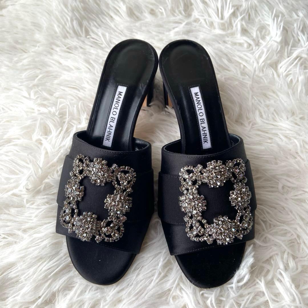 美品✨マノロブラニク サンダル ハンギシ 黒 ビジュー グログランリボン 37