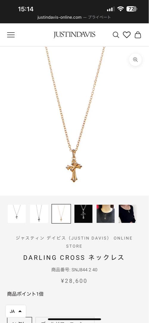 ジャスティンデイビス DARLING CROSS ネックレス ‪‪❤︎‬꒷꒦