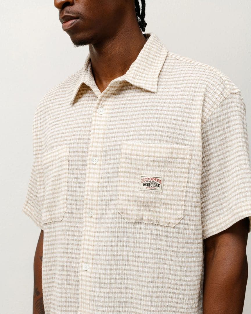 トップス stussy CRINKLED CHECK SS SHIRT TAN M
