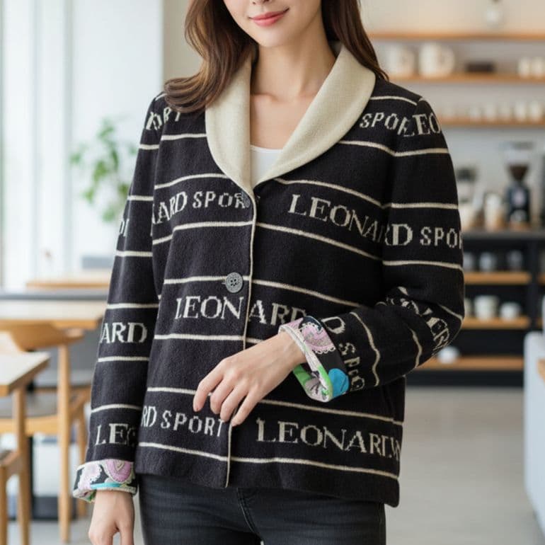 【美品】レオナール ロゴ ニットカーディガン 花柄 総柄 ブラウン 42 XL