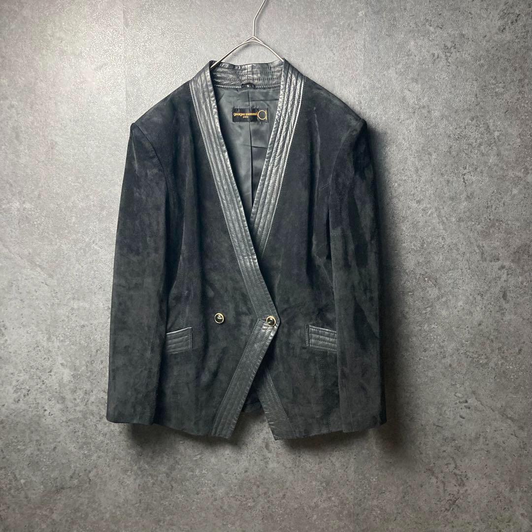 ヴィンテージ　ジャケット　黒　スエード　ライン　切り替え　レトロボタン