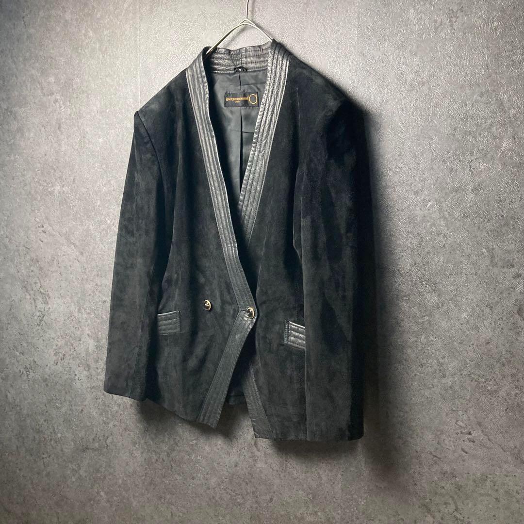 ヴィンテージ　ジャケット　黒　スエード　ライン　切り替え　レトロボタン