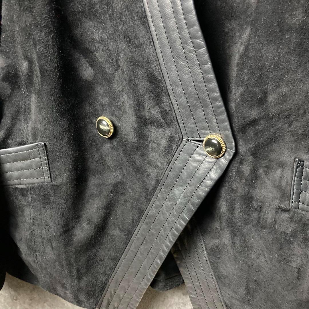 ヴィンテージ　ジャケット　黒　スエード　ライン　切り替え　レトロボタン
