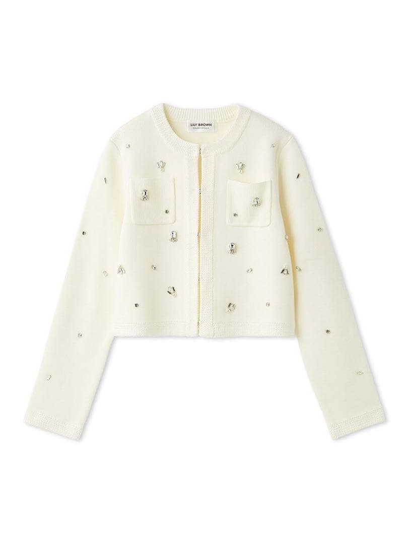 美品LILY BROWN マルチビジューノーカラーニットジャケット