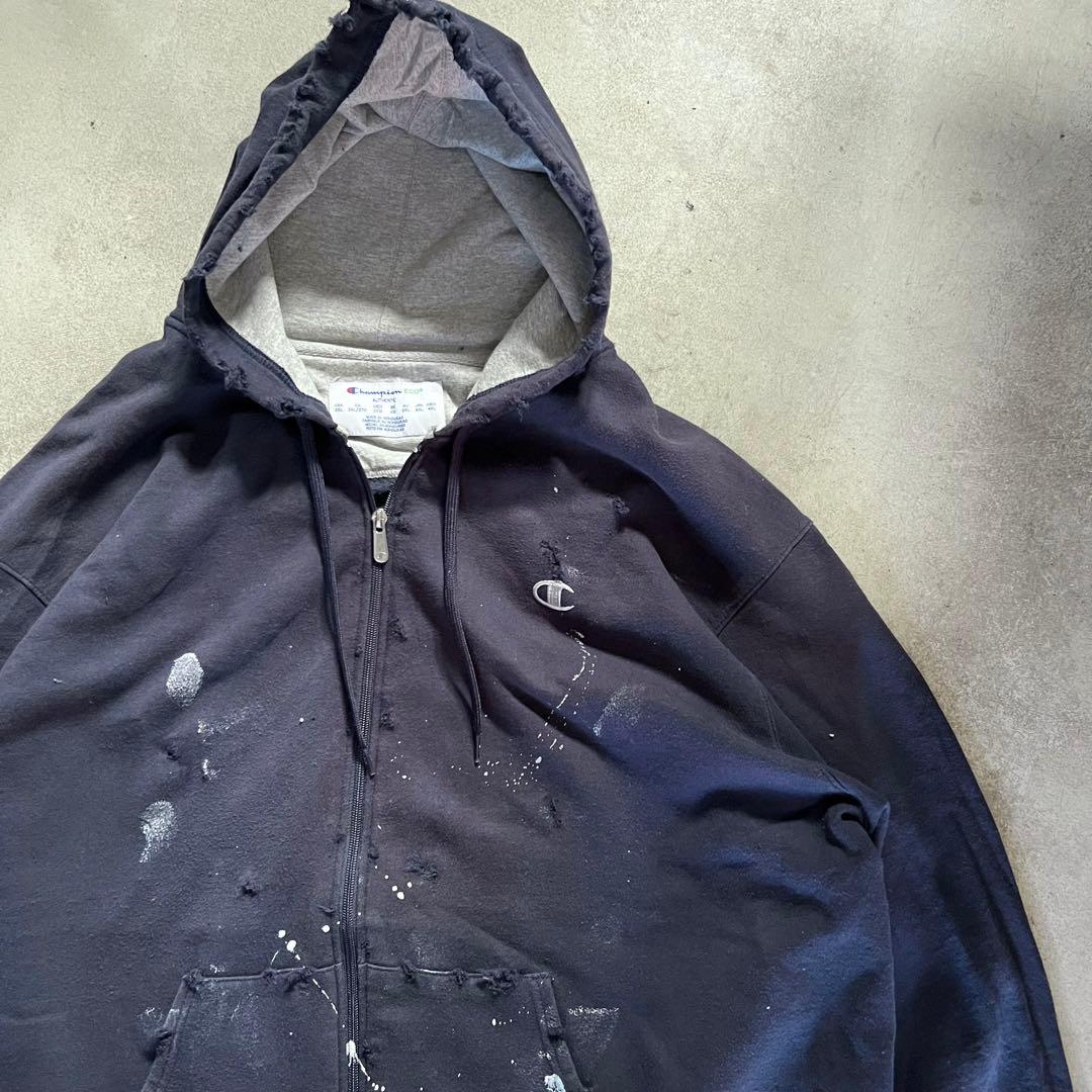 チャンピオン ボロスウェット ペンキ ジップパーカー XXL ネイビー
