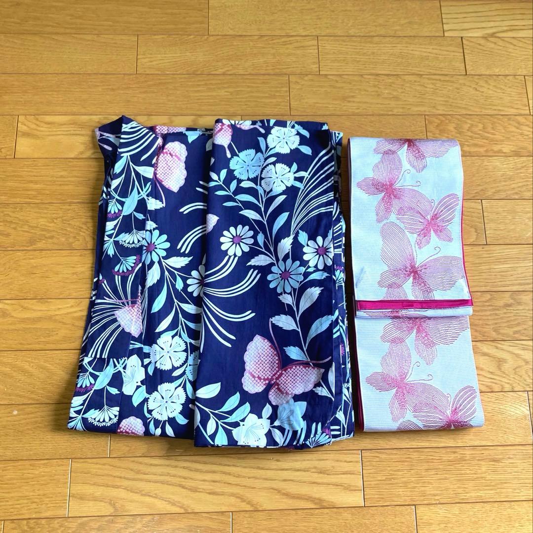 【撫松庵】浴衣＆帯セット 蝶柄 Mサイズ　着用1回　美品
