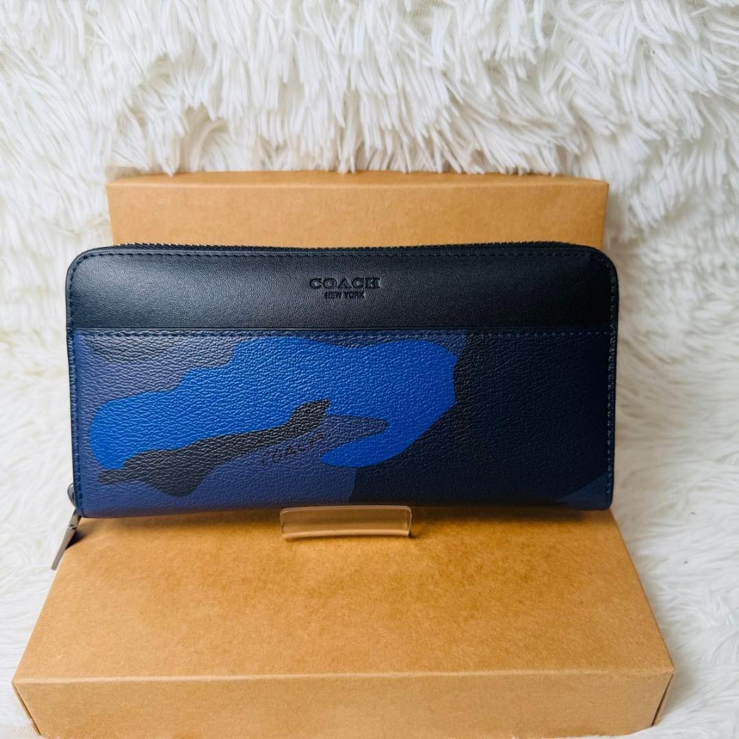 【新品未使用品】COACH メンズ　長財布　ブルー×カモフラ柄　迷彩柄 箱付き