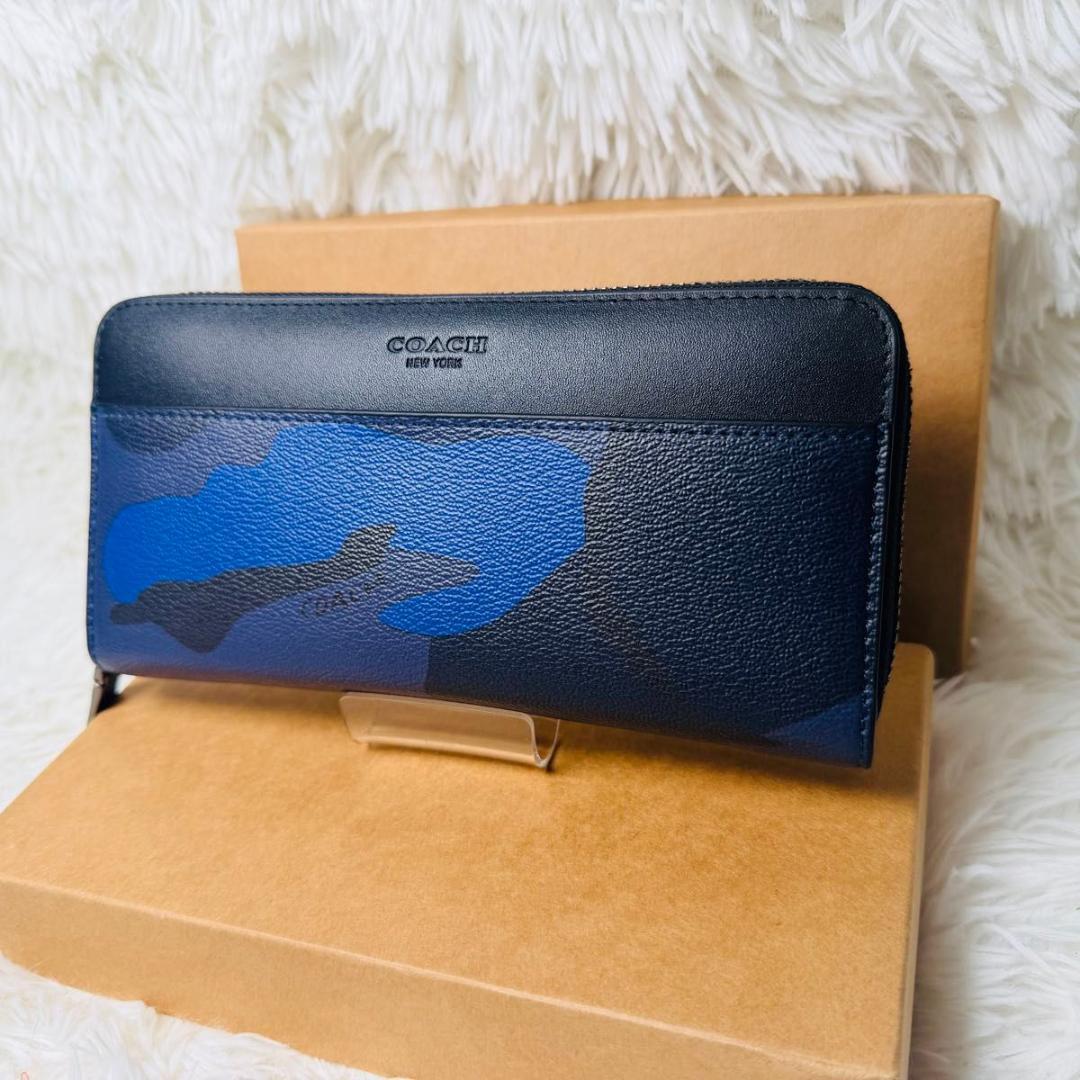 【新品未使用品】COACH メンズ　長財布　ブルー×カモフラ柄　迷彩柄 箱付き
