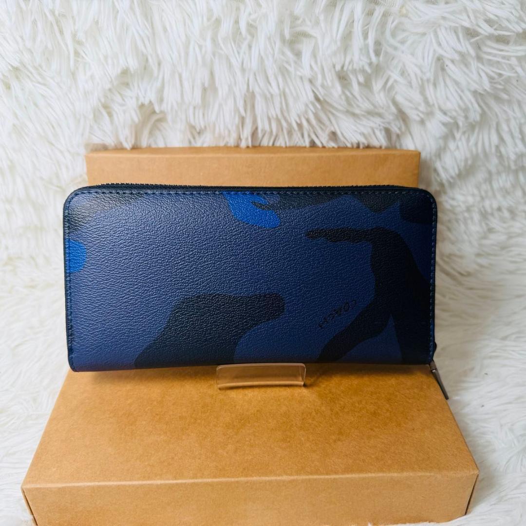 【新品未使用品】COACH メンズ　長財布　ブルー×カモフラ柄　迷彩柄 箱付き
