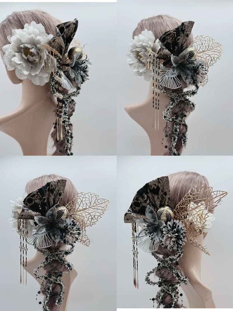 【豪華】　ディップアート　髪飾り　成人式卒業式 白　黒　ゴールド　グレー　牡丹