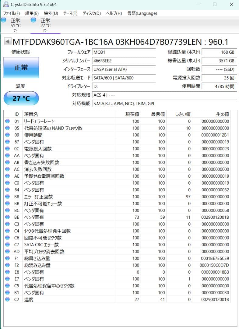【高耐久SSD2個セット】 Micron 5400 PRO 2.5インチ960G