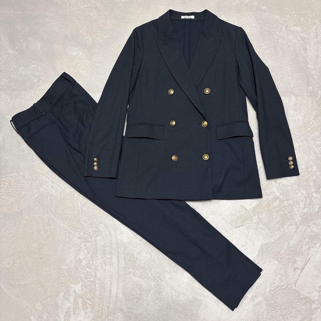 プラステ　セットアップ　ダブル　紺ブレ　金ボタン　リネン混　ネイビー　S
