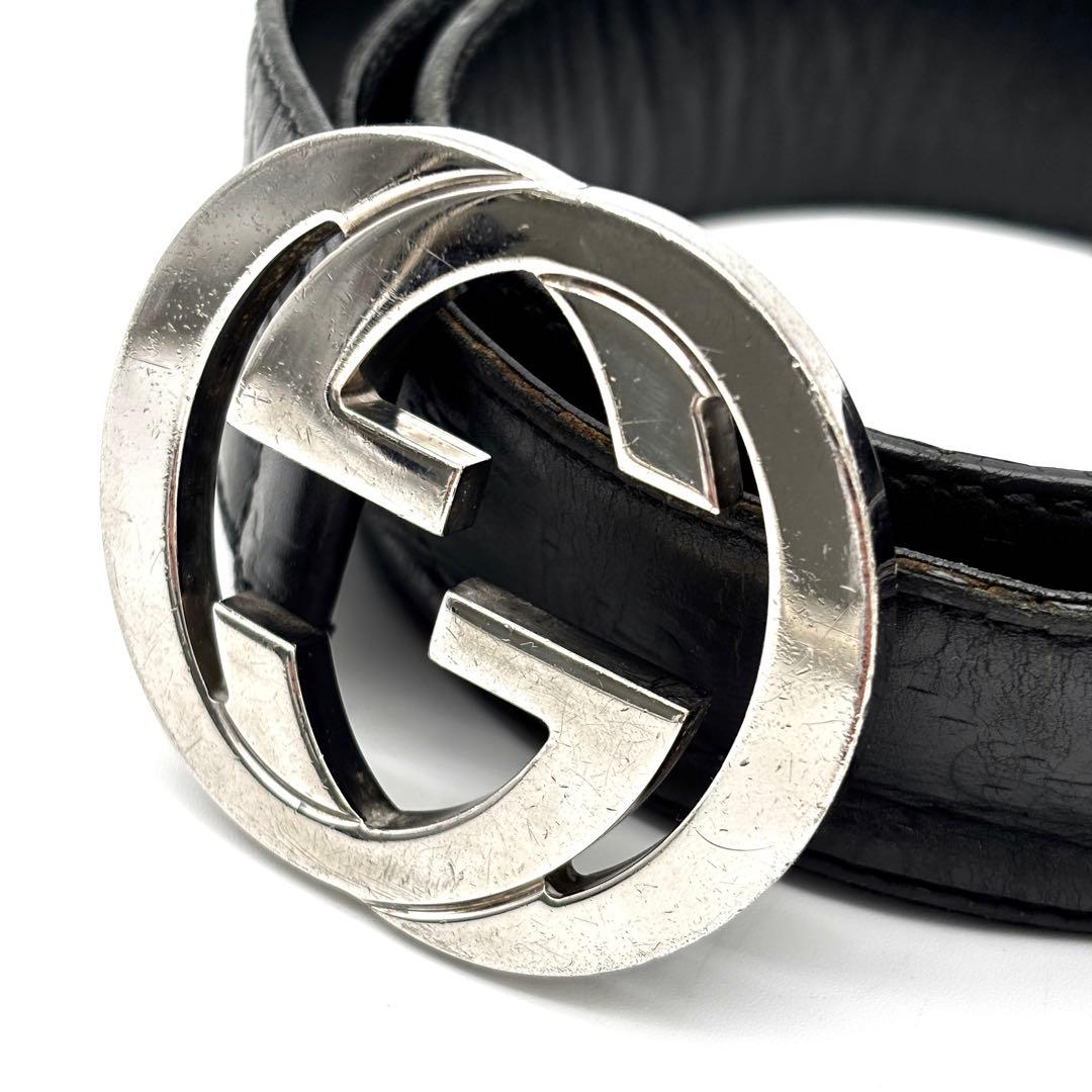 正規品 グッチ ベルト インターロッキング バックル シマレザー GG ブラック