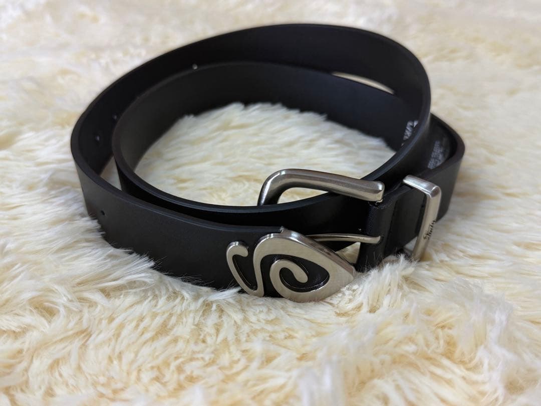 STUSSY ブラックレザー スワールデザイン ベルトL/XL