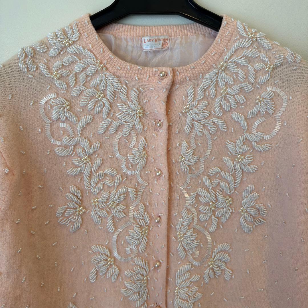 50s60s 香港製　ヴィンテージ ビーズ刺繍カーディガン　パール装飾　ニット