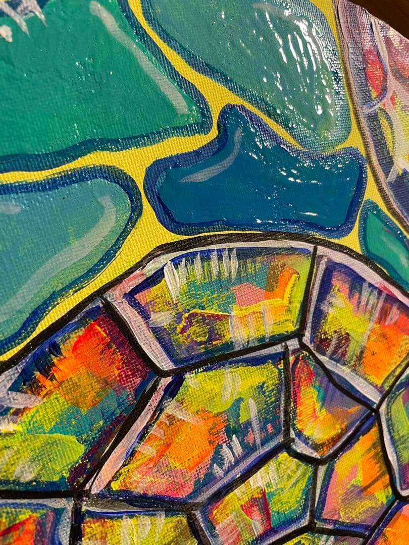 カラフルなウミガメの原画　キャンバスアート　絵画　丸型　現代アート