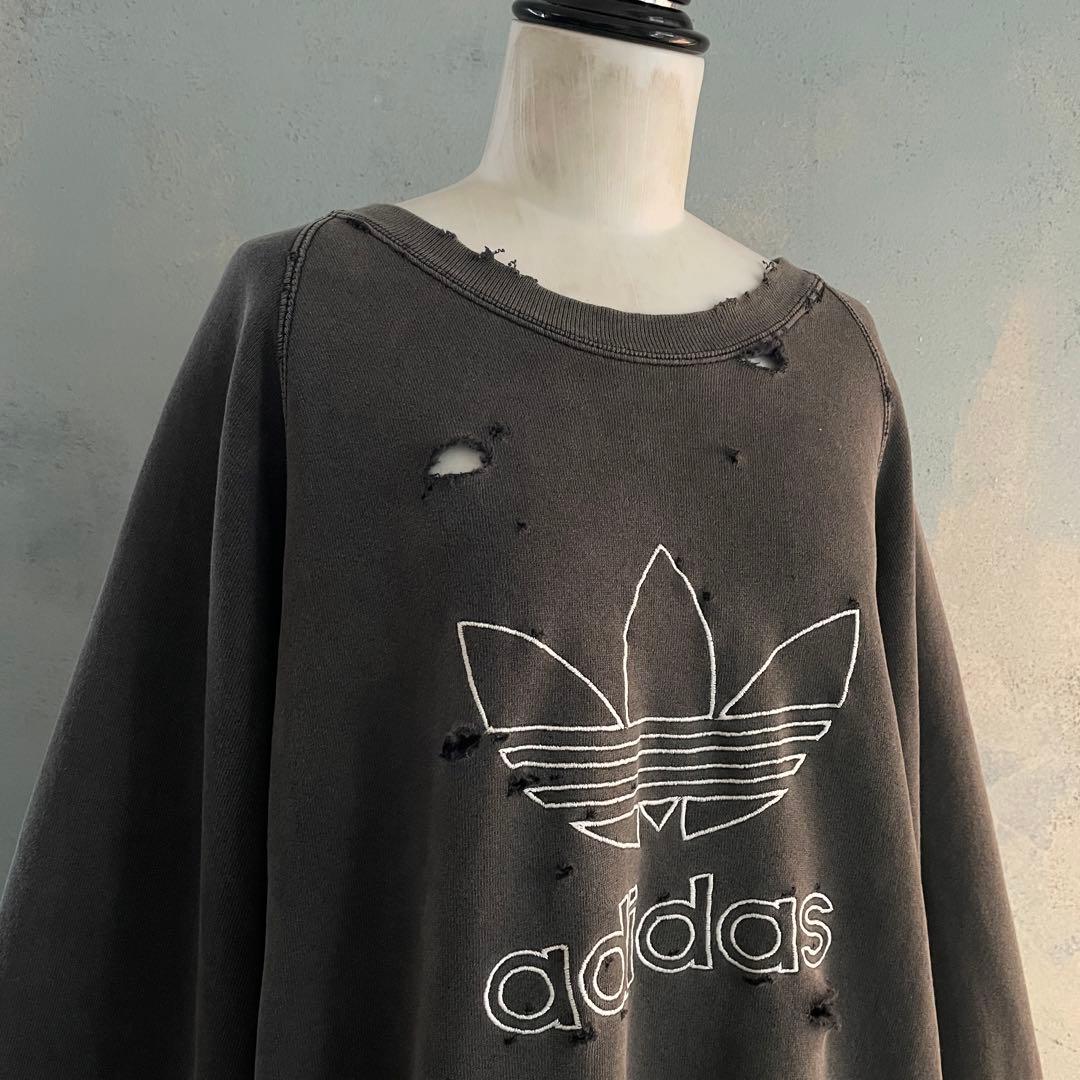 80's 万国旗タグ“adidas”墨黒“USA製”boro sweat