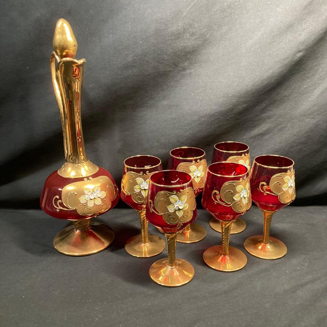 【美品】ボヘミアングラス デキャンタ ワイングラス6個 レッド 金彩 ガラス工芸