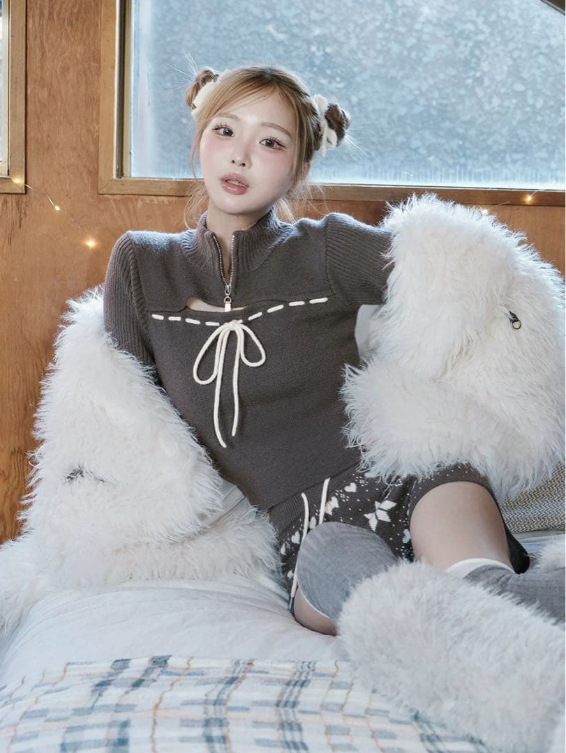 最終値下げ！ダーリッチ ステッチリボンオープンニットトップス グレー