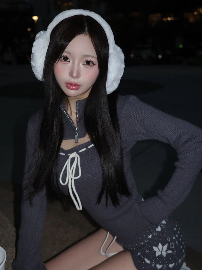 最終値下げ！ダーリッチ ステッチリボンオープンニットトップス グレー