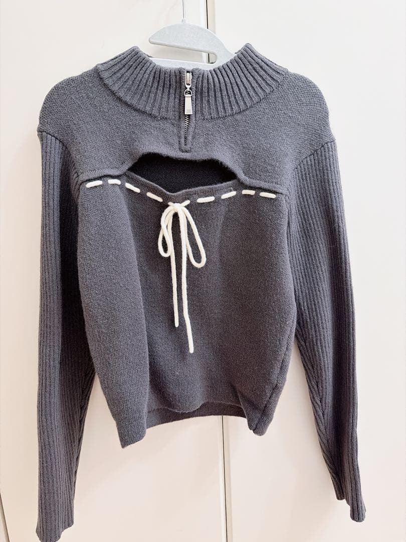 最終値下げ！ダーリッチ ステッチリボンオープンニットトップス グレー
