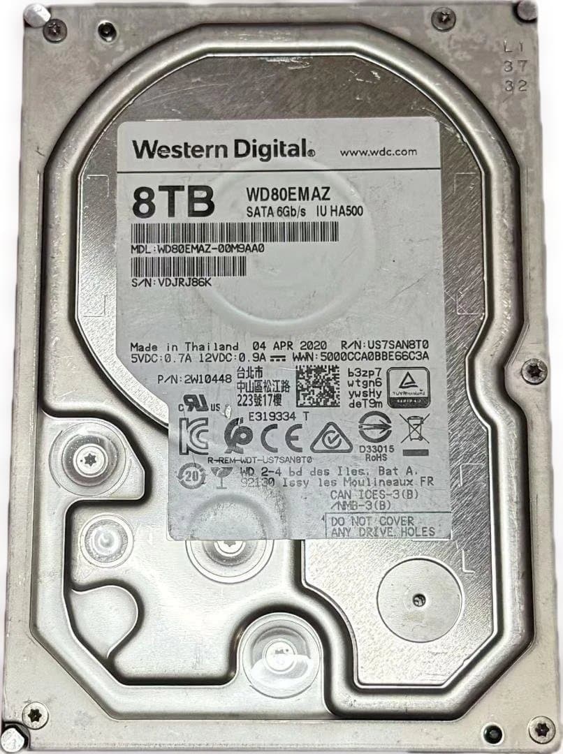 使用時間0H　WDl 8TB HDD WD80EMAZ 120411