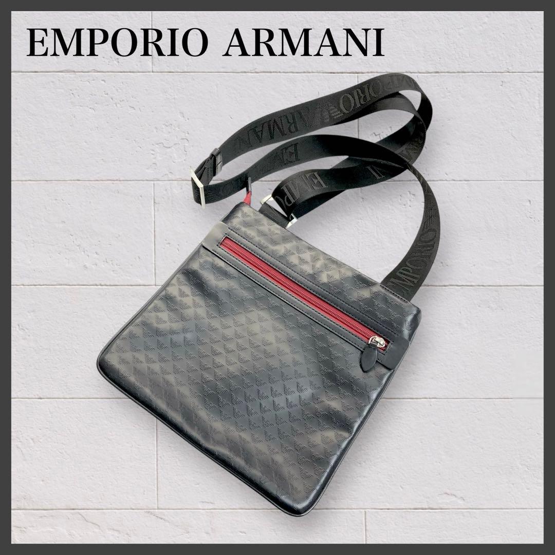 美品✨　EMPORIO ARMANI ショルダーバッグ　薄型　ブラック　レッド