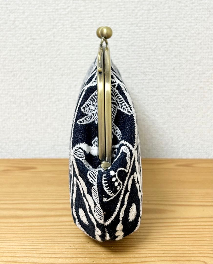 ハンドメイド がま口バッグ ポーチ symphony ネイビー ミナペルホネ