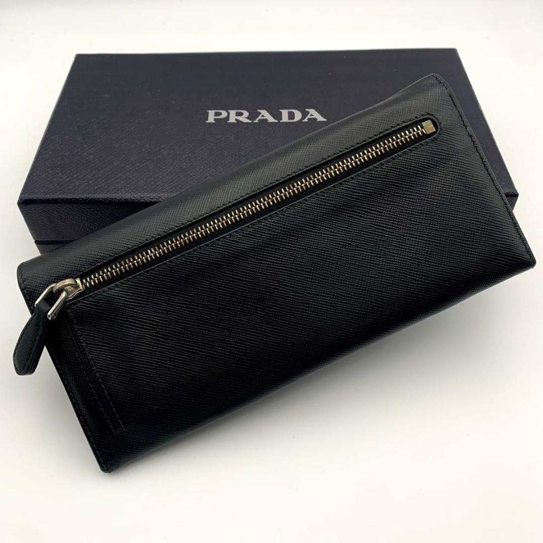 鑑定済み 箱付き プラダ 長財布 サフィアーノ レザー 金具 三角プレート 黒
