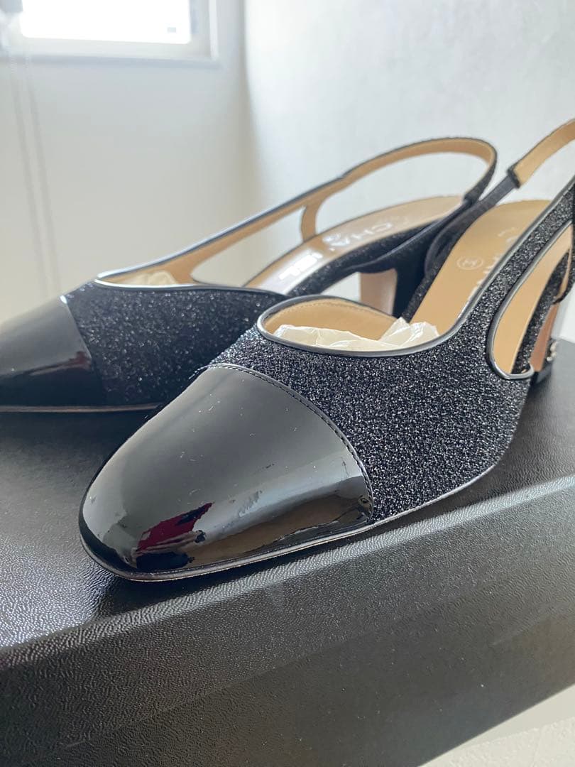 新品 CHANEL シャネル スリングバック シューズ ブラック ラメ