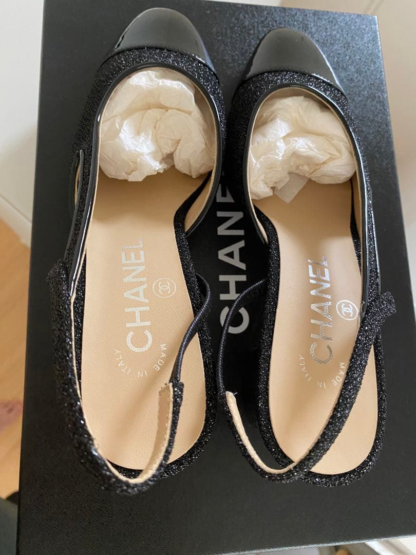 新品 CHANEL シャネル スリングバック シューズ ブラック ラメ