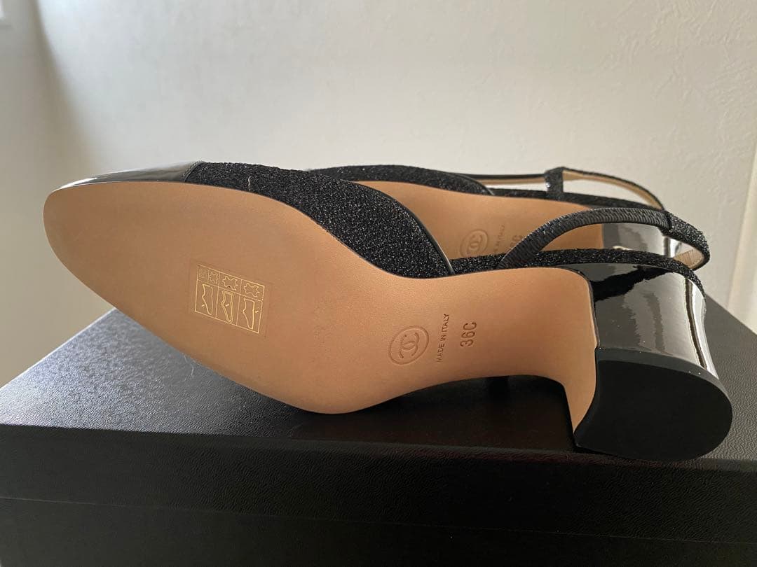 新品 CHANEL シャネル スリングバック シューズ ブラック ラメ
