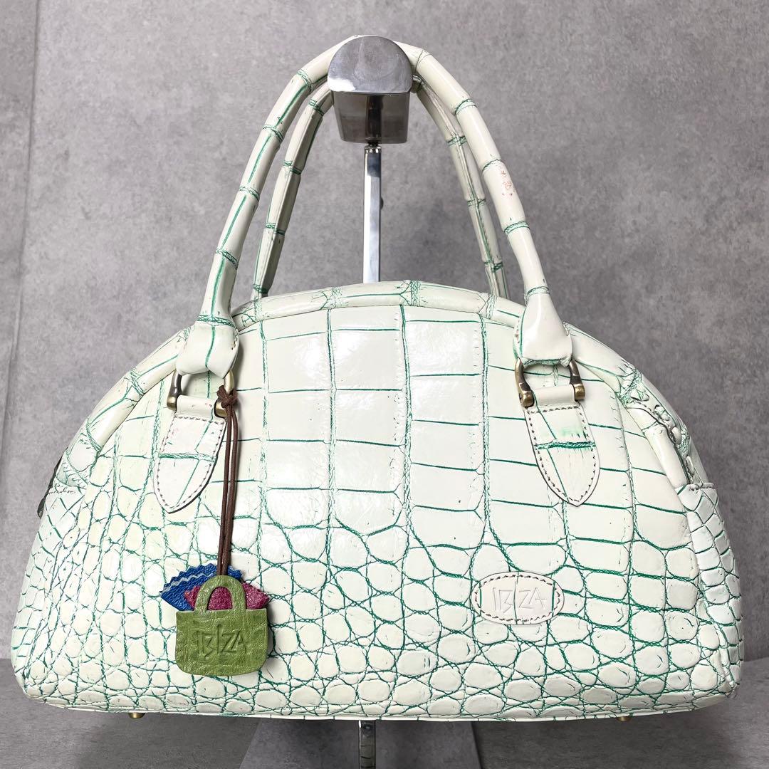 希少カラー 目地染 イビサ クロコダイル マット ミニボストン バニラ グリーン