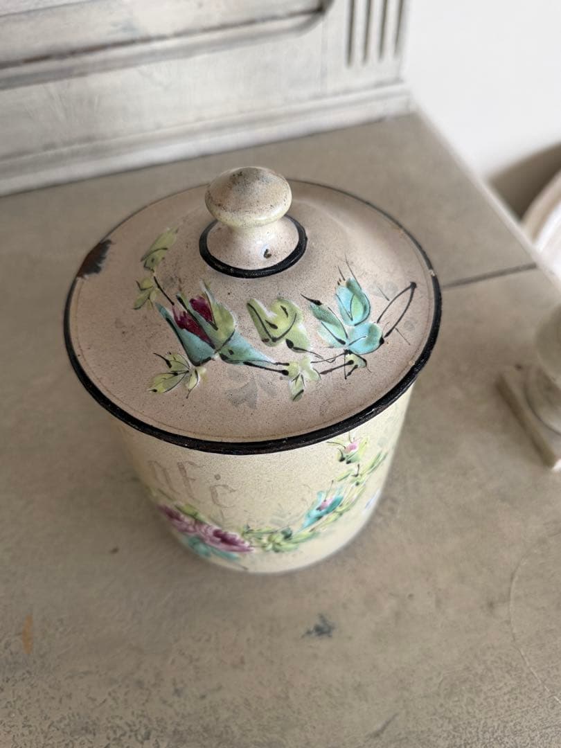 フランスアンティークレアなハンドペイントクリーム色cafeキャニスター