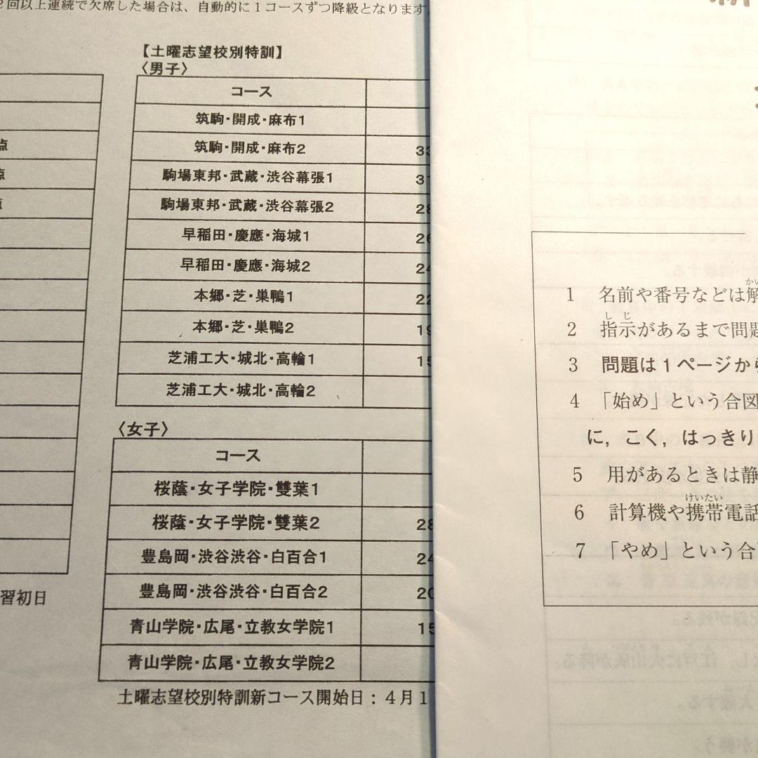 新6年 3月度入室・組分けテスト SAPIX