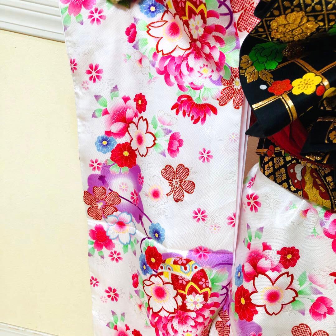 豪華白地7歳完全フルセット‼️着物長襦袢全通袋帯新品⭐︎手毬花金彩煌びやか際立つ逸品