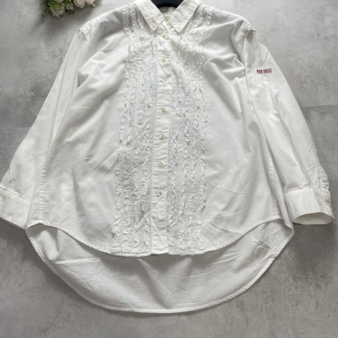 お洒落✨ピンクハウス ブラウス シャツ ピコフリル ロゴ刺繍 白 ホワイト 長袖
