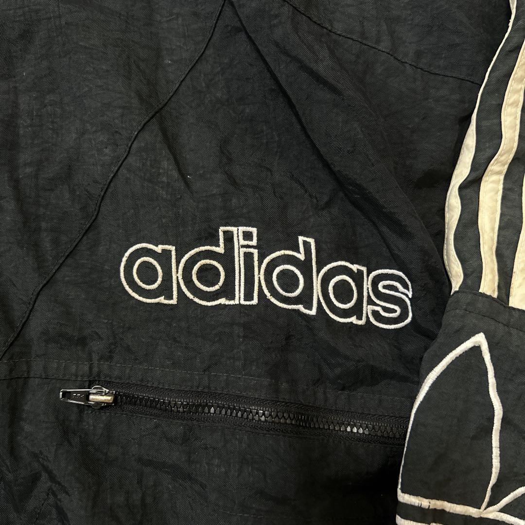 90s adidas フーディー ナイロンジャケット ロゴ刺繍 ブラック L