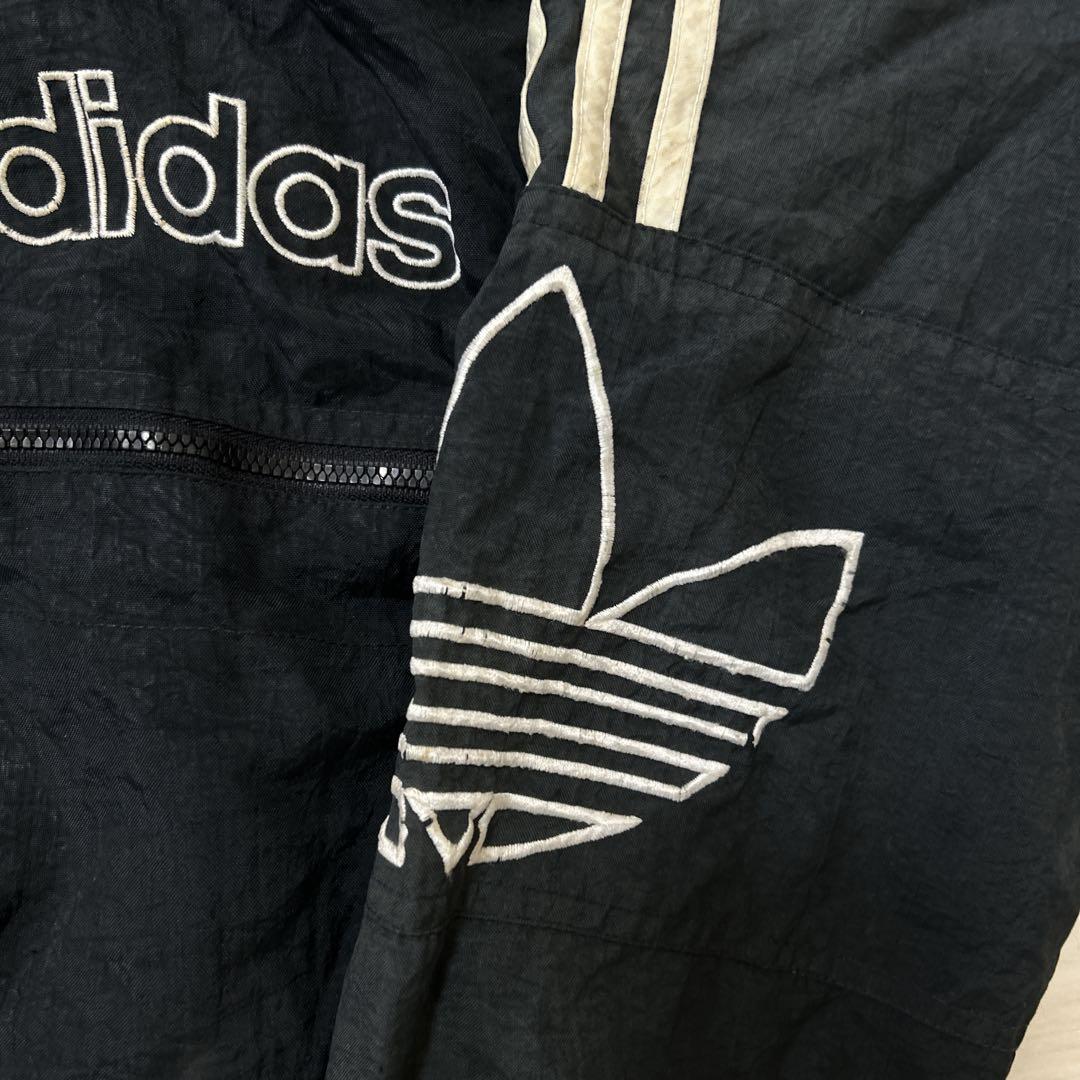 90s adidas フーディー ナイロンジャケット ロゴ刺繍 ブラック L