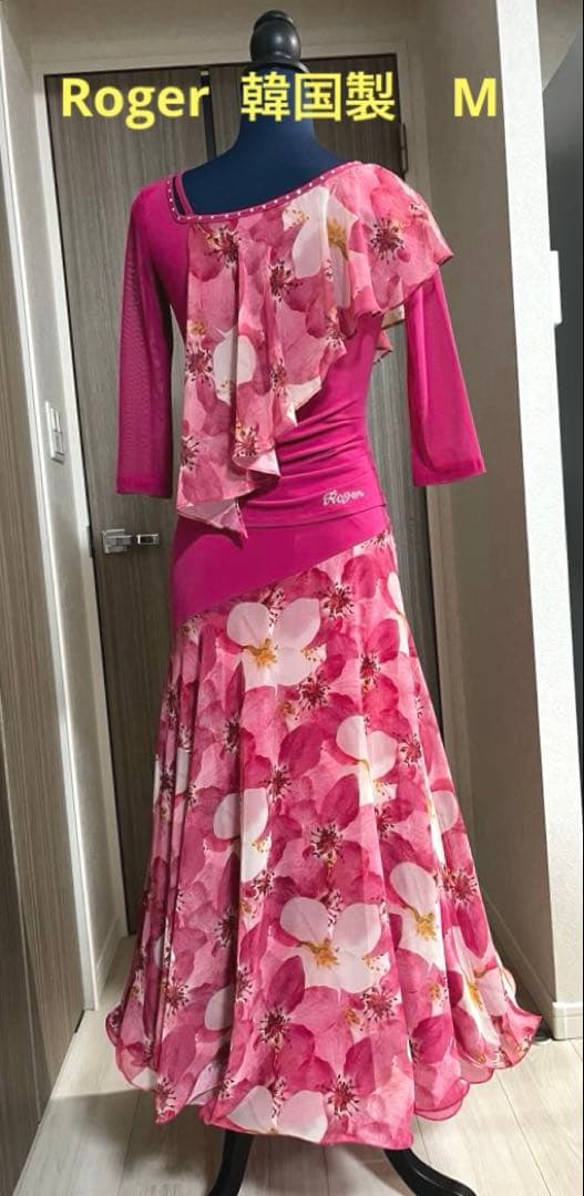 Rogerロジャー　社交ダンスウエア　セットアップ　ピンク花柄　M〜L