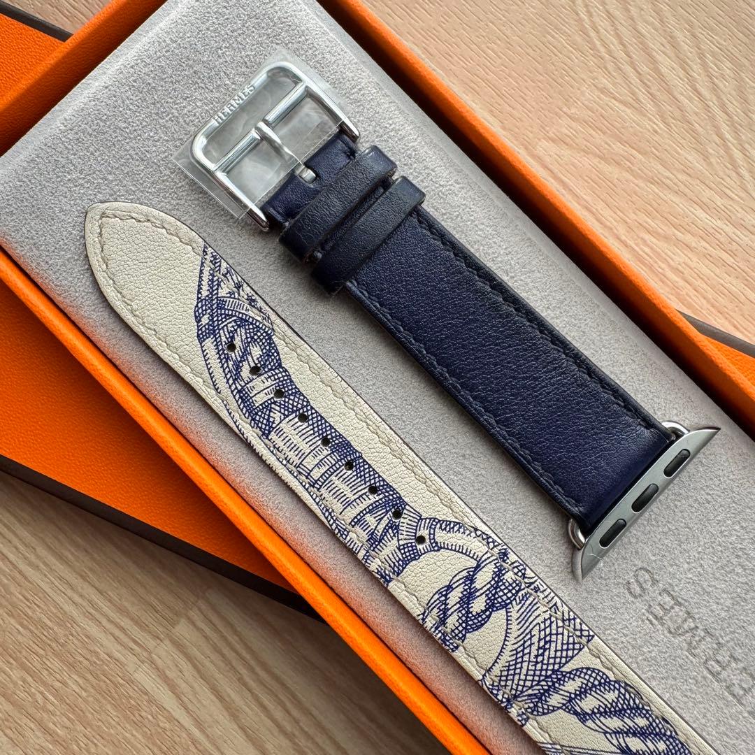 2111 Apple Watch エルメス　ブルー　ロープ柄　二重　HERMES