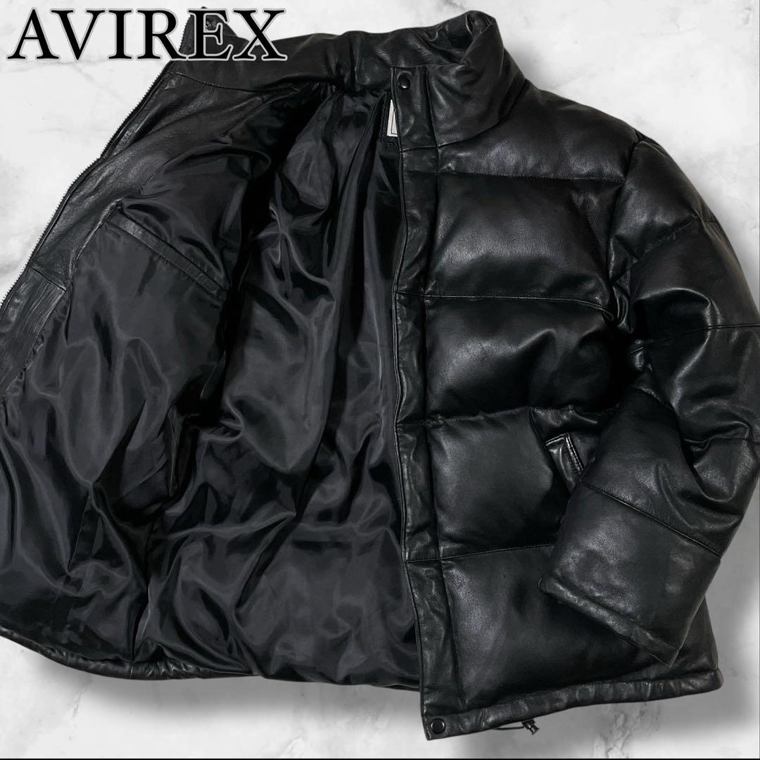 【美品】AVIREX 全面ラムレザー ダウンジャケット ブラック サイズL