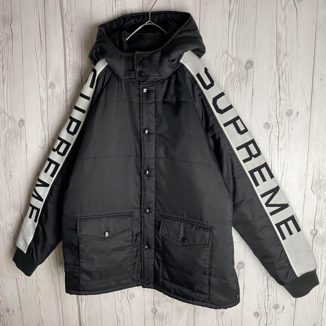【2WAY】シュプリーム☆両袖ロゴ 裏地ボア ナイロンジップジャケット 黒 L