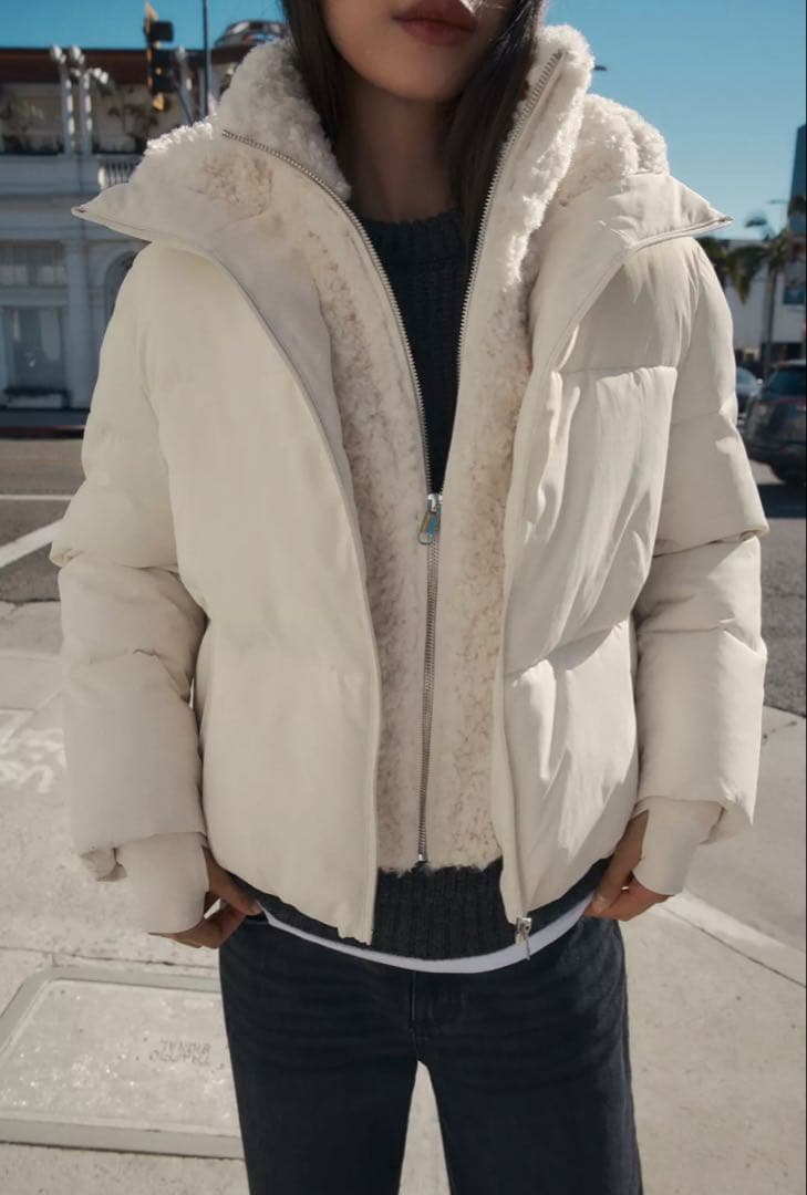 【ZARA】フェイクシープスキンフード付き撥水ウィンドブレーカー アノラック M