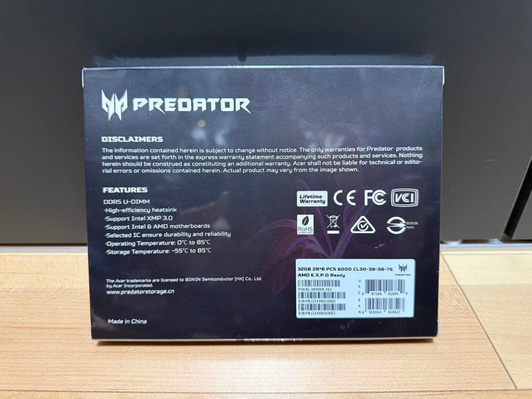 ACER Predator Pallas II DDR5 32GB メモリ