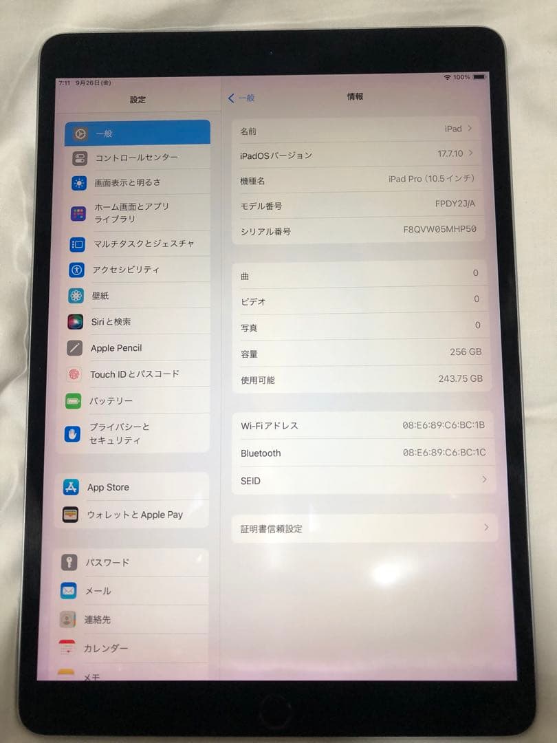 Apple iPad (第世代) 256GB スペースグレー100%