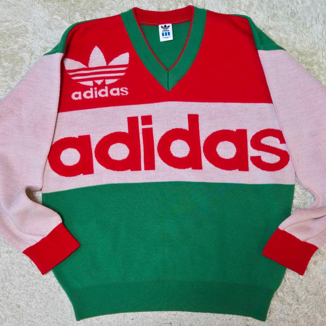 アディダス ニット 長袖 ビッグロゴ デサント社製 グリーン レッド サイズO