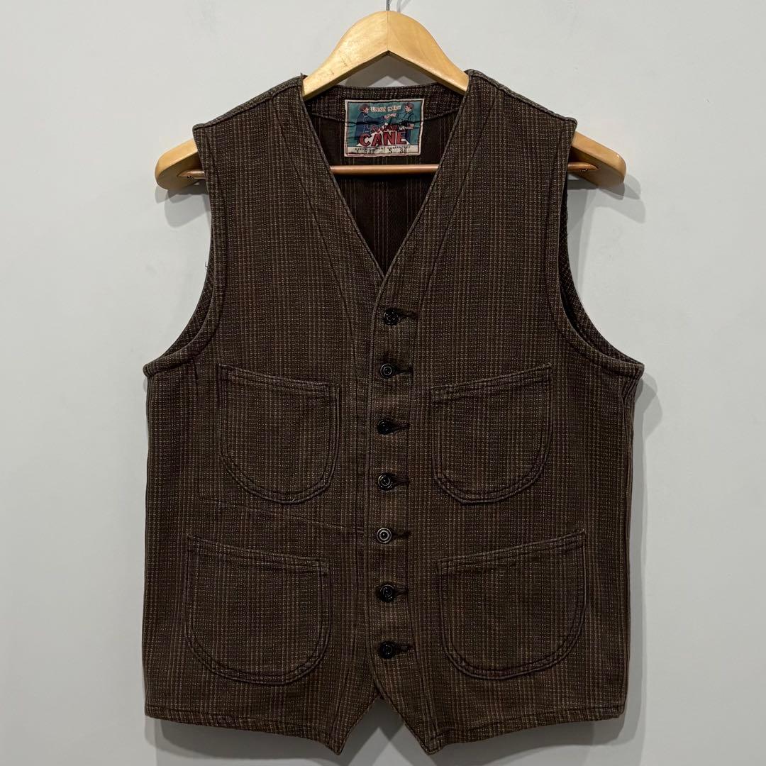美品 SUGAR CANE ブラウン ストライプ チェック ワーク ベスト 38
